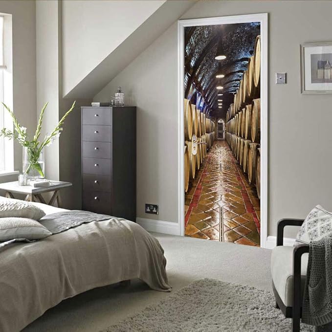 3D Door Stickers Murals - Peel & Stick Wine Cellar Theme Removable PVC Waterproof Poster, 37.4" x 78.7" for Bedroom Living Room