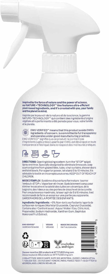 ATTITUDE Bathroom Cleaner Spray, EWG Verified, Plant-Based & Vegan, Safe for Bathroom Surfaces, Tiles, Tubs, Shower Walls, and Grout, Unscented, 27.1 Fl Oz