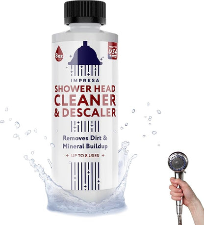 IMPRESA Shower Head Cleaner Solution for Hard Water - 8 fl oz Unscented - Lime Deposit Remover & Descaler for Shower Heads - Restores Water Flow - Made in USA