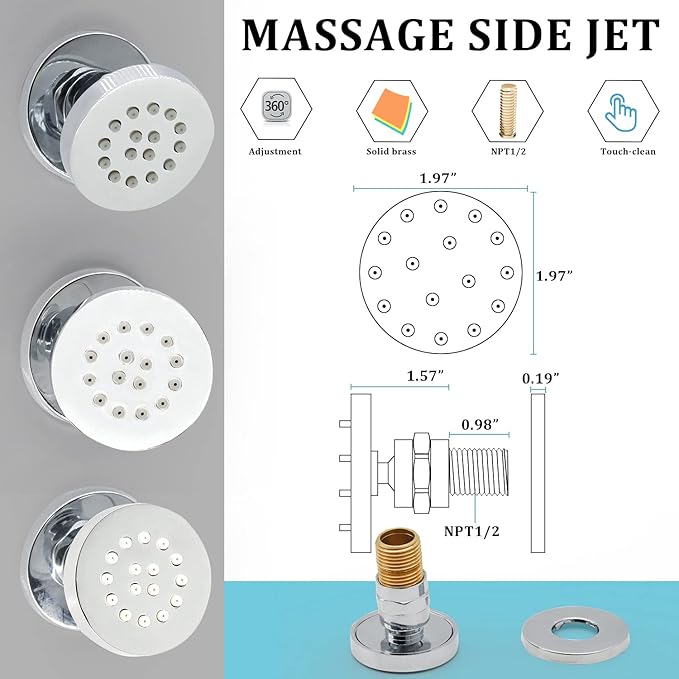 HOMEDEC Showerhead Body Spray Massage Spa Shower Jet in Wall for Bathroom (Dia 2inch, Chrome Finish)
