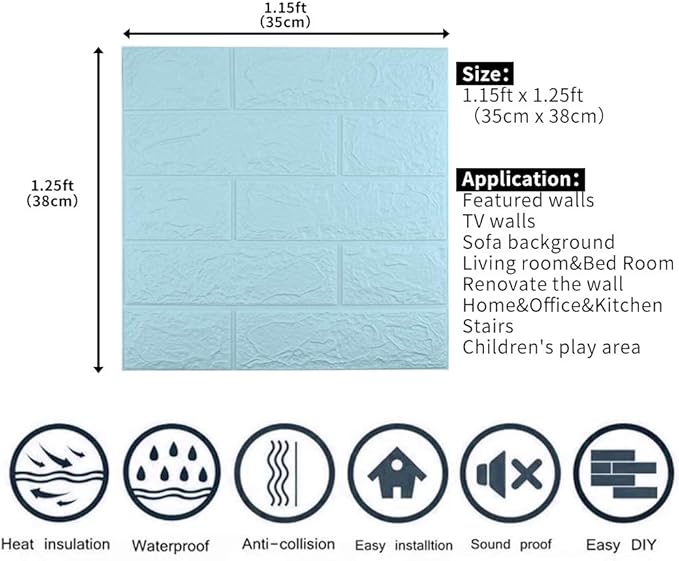 10 PCS Blue 3D Wall Panels, 14.5 sq.feet Coverage, Printable Wallpaper Sticker with Self-Adhesive Waterproof Brick PE Foam Wall Panels Peel and Stick for Interior Wall Decor, Home Decoration