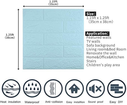 10 PCS Blue 3D Wall Panels, 14.5 sq.feet Coverage, Printable Wallpaper Sticker with Self-Adhesive Waterproof Brick PE Foam Wall Panels Peel and Stick for Interior Wall Decor, Home Decoration