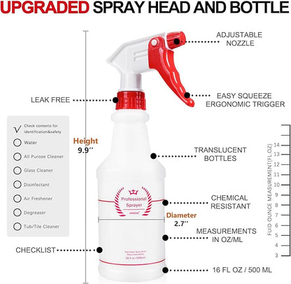 Uineko Plastic Spray Bottle (4 Pack, 16 Oz, All-Purpose) Heavy Duty Spraying Bottles Leak Proof Mist Empty Water Bottle for Cleaning Solution Planting Pet with Adjustable Nozzle and Measurements