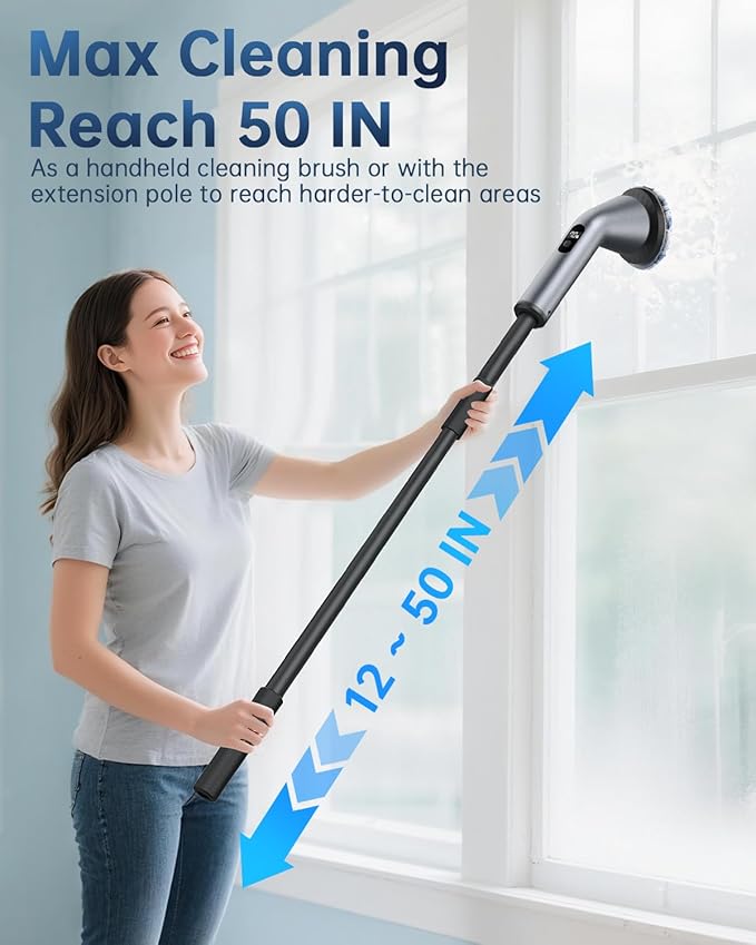 VICNOVA Electric Spin Scrubber, IPX7 Waterproof 2-Speed, Extendable Long Handle Cordless Cleaning Brush with 7 Replacement Brush Heads for Bathroom Shower Bathtub Glass Tub Tile Floor Car
