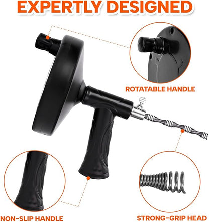 Drain Snake 25 Ft, Drain Auger Hair Clog Remover Heavy Duty Flexible Plumbing Snake Bathroom Kitchen Sink Cleaner Tools for Shower Bathtub Pipe