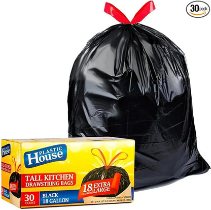 Strong Large 18 Gallon Drawstring Trash Bags Black Can Liners Kitchen Garbage Bags Multipurpose 30 CT Home Lawn Bags