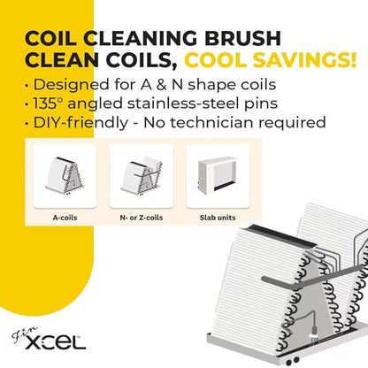 Coil Cleaning Brush for HVAC & AC – Evaporator & Condenser Coil Cleaner Tool, 135° Stainless Steel Pins, Heavy-Duty for Tight Spaces, Safe for Delicate Fins, ACME Pole Compatible