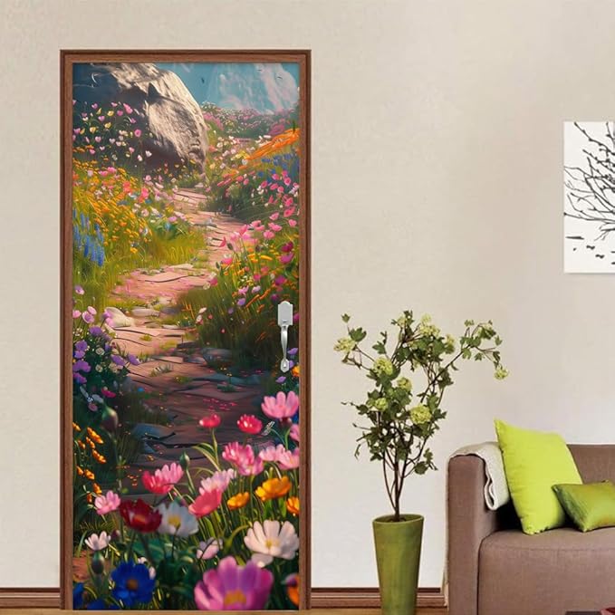 REDAMANCY Pink Blue Orange Wildflower Pathway Peel and Stick Door Stickers Vinyl 3D Door Mural Decals Decor Wallpaper Self-Adhesive, Waterproof, Removable