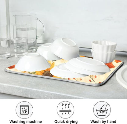 Watercolor Sunflowers Autumn Leaves Dish Drying Mat for Kitchen Counter Absorbent Microfiber Drying Pad, Medium 16x18 in