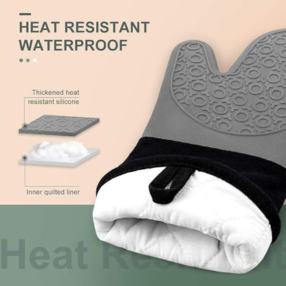 sungwoo 6pcs Silicone Oven Mitts and Pot Holders Sets, 14.6 Inch Heat Resistant Oven Gloves with Quilted Liner Non-Slip Textured Grip Perfect for BBQ, Baking, Cooking and Grilling Grey