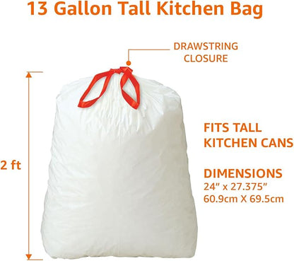 Amazon Basics Tall Kitchen Drawstring Trash Bags, Clean Fresh Scent, 13 Gallon, Odor Control, 0.9 mil Thickness, 80 Count (Previously Solimo)