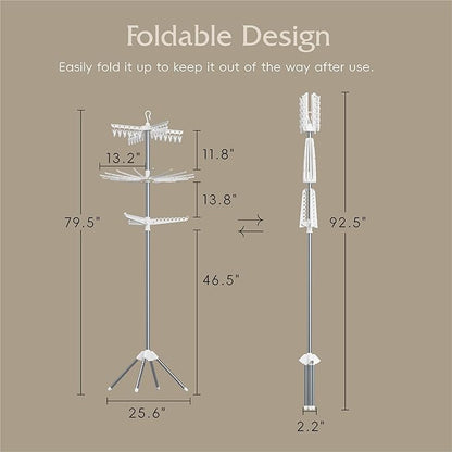 Beaudaily Clothes Drying Rack, Foldable 79.5-Inch Laundry Drying Rack,3 Tie, with Rotatable Arms, Stainless Steel, Holds 27 Clothes,8 Towels and 24 Clips for Hanging Socks, White and Silver