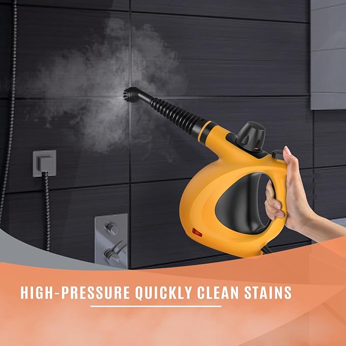 Pressurized Handheld Multi-Surface Natural Steam Cleaner with 12 pcs Accessories, Multi-Purpose Steamer for Home Use, Steamer for Cleaning Floor, Upholstery, Grout and Car (Grey) (Orange)