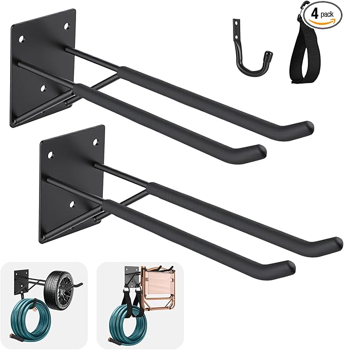 14" Garage Hooks Heavy Duty 4-Pack - Garage Storage System Hooks, Ladder Hooks for Garage Wall & Broom Holder Wall Mount | Non-Slip Tire Rack & Heavy Duty Wall Hooks for Hanging Ladders, Chairs.