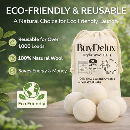 Wool Dryer Balls 4 Pack XL 7cm, 100% New Zealand Wool, Reusable 1000+ Loads, Natural Fabric Softener Alternative, Reduces Static & Wrinkles.