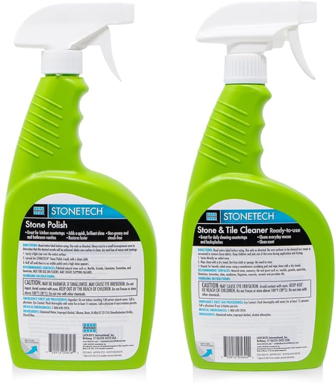 StoneTech Stone & Tile Cleaner and Stone Polish Duo – Daily Cleaner & Polish for Granite, Marble, Quartzite, Travertine – Removes Dirt & Restores Shine – 2 Microfiber Cloths – Fresh Scent