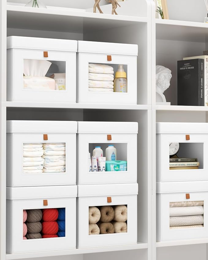 Storage Bins with Lid – Closet Organizer with Side Opening and Clear Window, Foldable Stackable Fabric Basket for Clothes, Home, Office - 13.77" x 11.8" x 9.8", 4 Pack, White