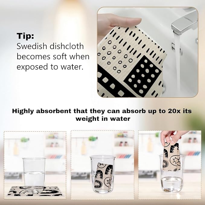 6 Pack Washable Swedish Dishcloths, Geometric Super Absorbent Cellulose Sponge Cloths, Reusable No Odor Dish Towels for Kitchen Dish Washing, Eco Home Cleaning