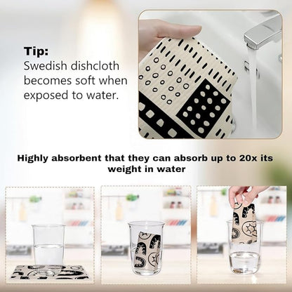6 Pack Washable Swedish Dishcloths, Geometric Super Absorbent Cellulose Sponge Cloths, Reusable No Odor Dish Towels for Kitchen Dish Washing, Eco Home Cleaning