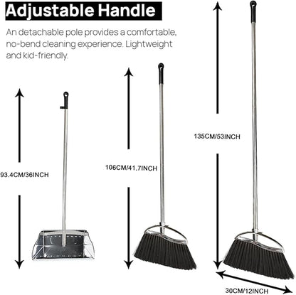 Indoor Broom and Dustpan Comb Set,Heavy Duty Stainless Steel Metal Dust Pan with Long Handle Sweeping Soft Bristles Broom for Floor Home Lobby Office
