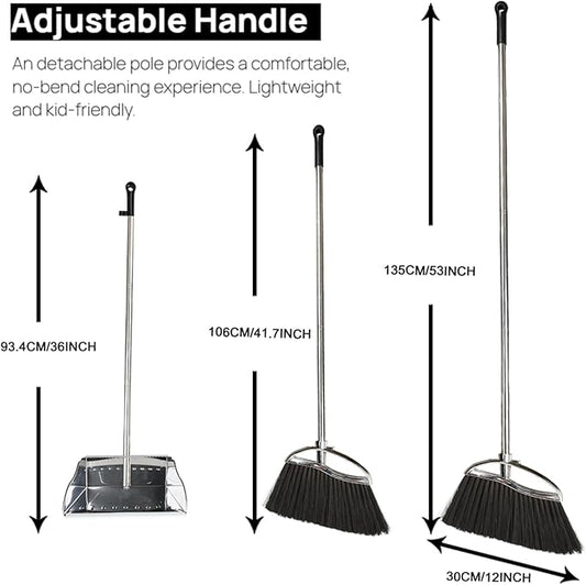 Indoor Broom and Dustpan Comb Set,Heavy Duty Stainless Steel Metal Dust Pan with Long Handle Sweeping Soft Bristles Broom for Floor Home Lobby Office