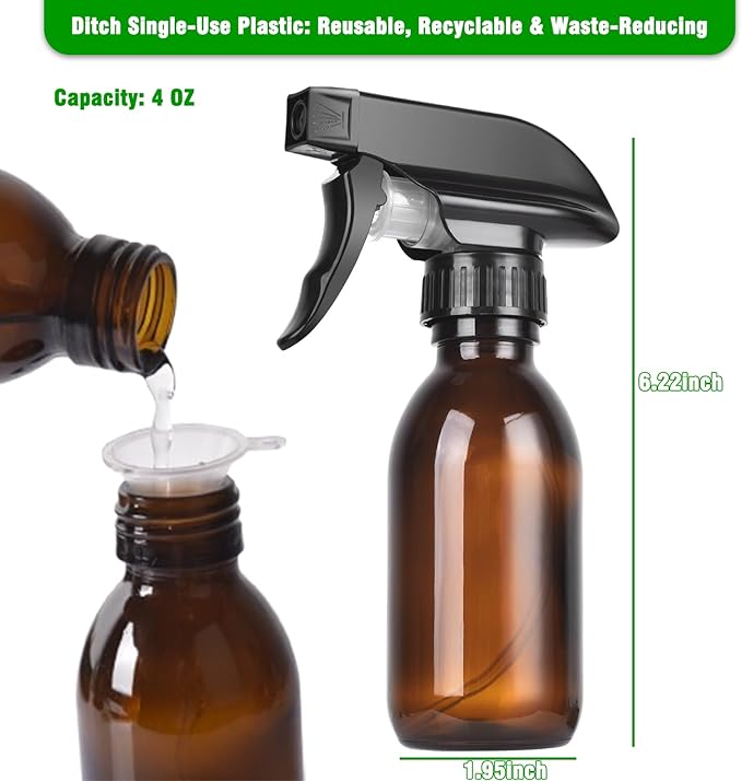 4oz Amber Glass Spray Bottles (2 Pack) - Refillable with Dropper, Funnel & 4 Labels | UV Protection for Essential Oils, Hair Care, Cleaning Solutions