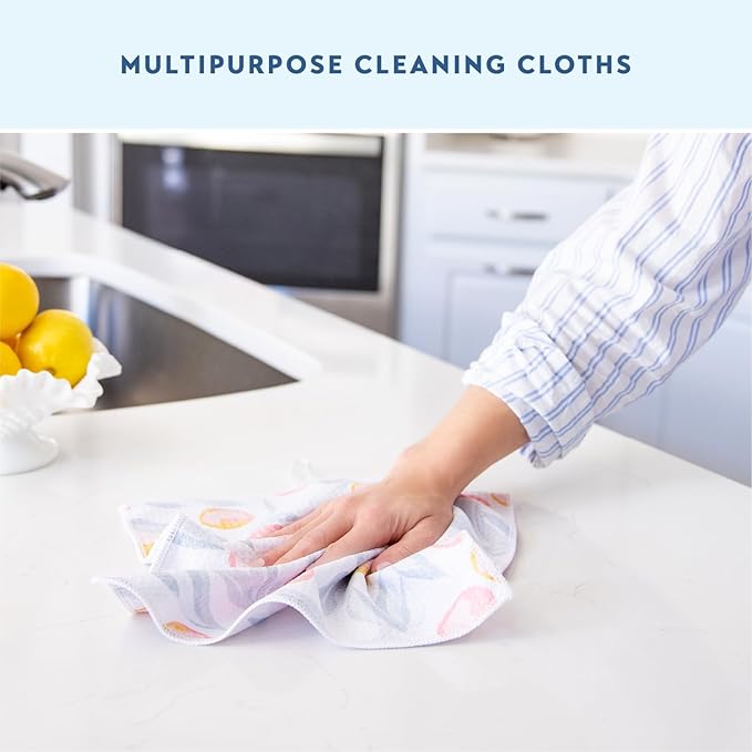 ELYN Microfiber Kitchen Dish Cloth Set, Quick-Dry & Absorbent Waffle Weave Cleaning Towels, Set of 6 Wash Cloths, Paper Towels & Sponge Alternative (Magnolias & Stripe)