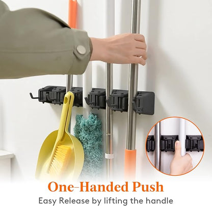 Lifewit Mop and Broom Holder Wall Mount, Anti-Slip Broom Hanger for Cleaning Supplies Organizer, Easy Install Tool Hanging Rack for Closet, Kitchen, Garage, 5 Slot 6 Hooks, Hold 30lbs, Black, 2 Pack
