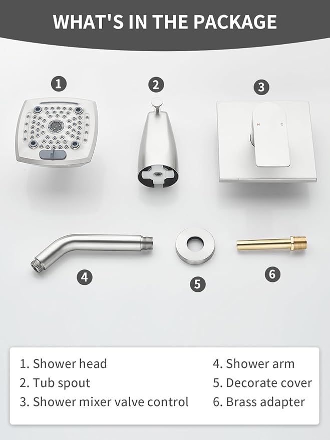 Brushed Nickel Shower Head and Handle Set 5 Inch Bathtub Faucet Shower Faucet with 6-Spray Shower Head Shower Valve Kit Modern Shower Set High-Pressure Shower Trim Kit