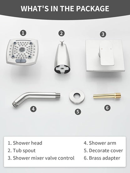 Brushed Nickel Shower Head and Handle Set 5 Inch Bathtub Faucet Shower Faucet with 6-Spray Shower Head Shower Valve Kit Modern Shower Set High-Pressure Shower Trim Kit