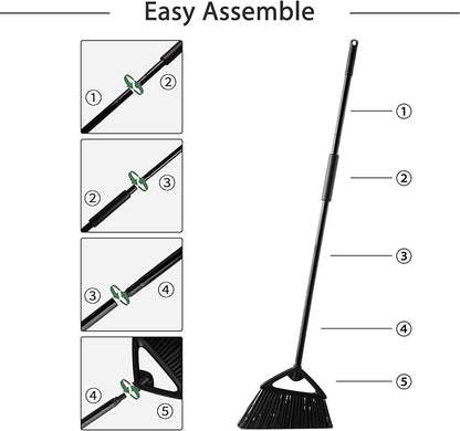 Eyliden Commercial Angle Broom and Dustpan Combo, with Long Handle and Lid, Lobby Dust Pan Sweep Set for Outdoor Garages Courtyard Sidewalks Decks Indoor Home Kitchen Room Office (Black Broom+Dustpan)