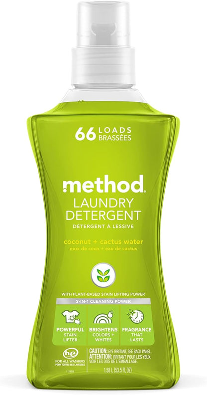 Method Liquid Laundry Detergent, Coconut + Cactus Water, 66 Loads Per Bottle, Stain Remover, 53.5 Fl Oz (Pack of 1)