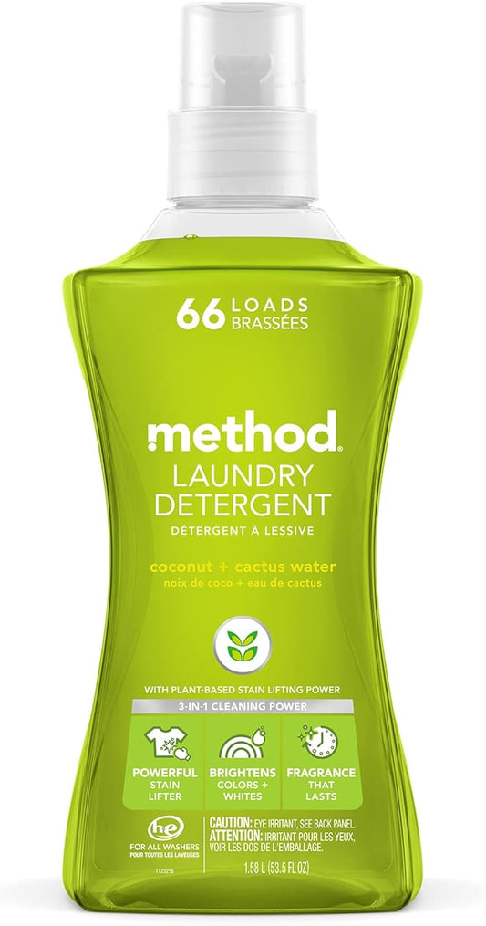 Method Liquid Laundry Detergent, Coconut + Cactus Water, 66 Loads Per Bottle, Stain Remover, 53.5 Fl Oz (Pack of 1)
