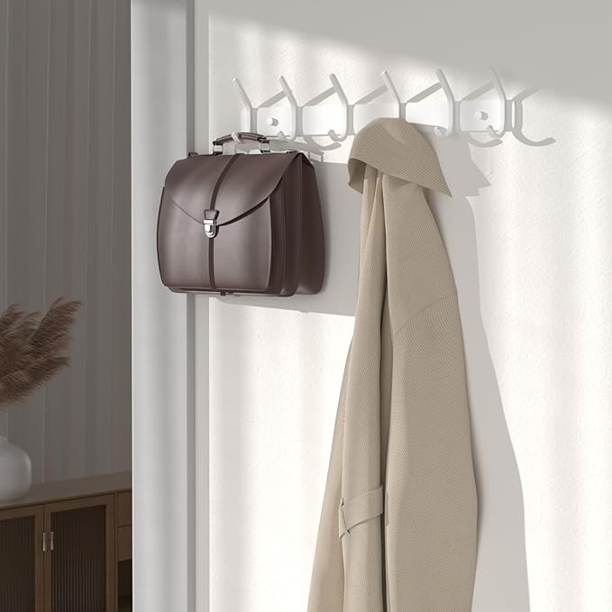 GWAAZXGZ Coat Rack Wall Mount Hooks - 15 Inch Matte White Metal 6-Hook Organizer Wall Mounted, Modern Kids Room, Entryway & Bathroom Hanger for Beach Towels, Coats, Purses, Bags (1 Pack)