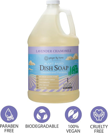 Ginger Lily Farms Botanicals Plant-Based Liquid Dish Soap, Concentrated Formula with Max Grease Cleaning Power, Cruelty-Free, Lavender Chamomile Scent, 1 Gallon (Pack of 4)