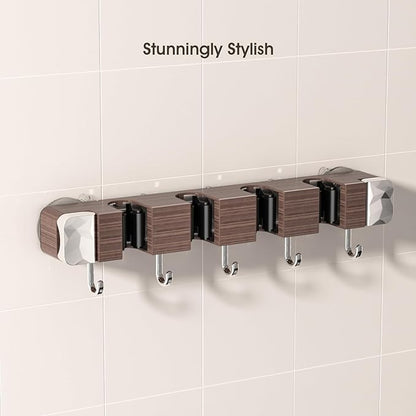 Suction Cup No Drilling Broom Holder Wall Mount, Walnut Color Mop Organizer Wall Hanging, 4 Racks 5 Hooks Tool Organizer Hanger Self Adhesive for Home, Garage, Garden, Laundry, Kitchen