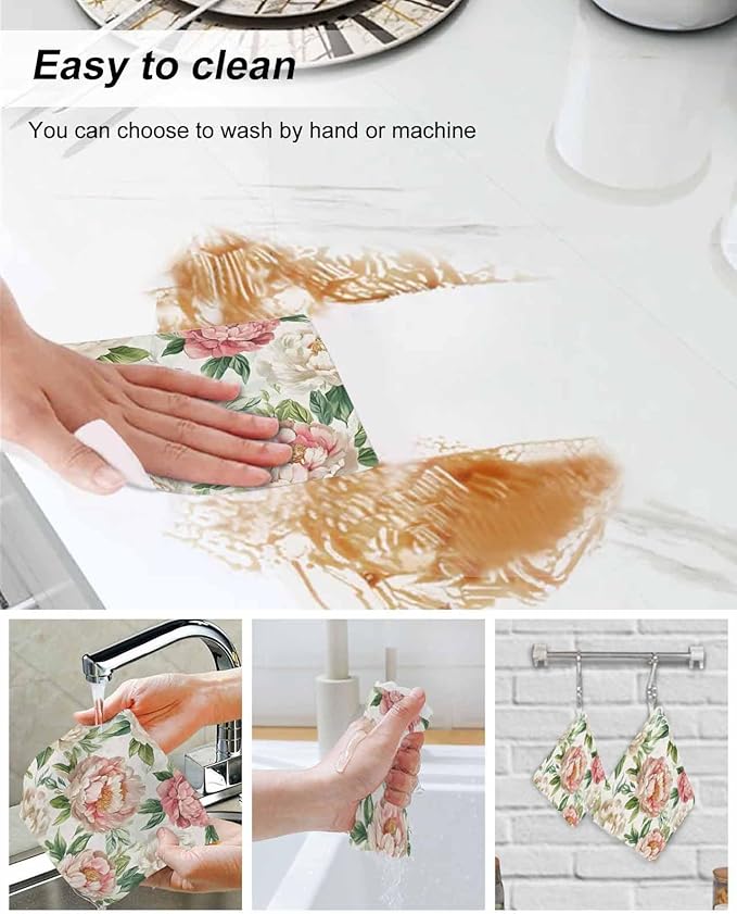 4 Pack Vintage Flower Kitchen Dish Cloths, Watercolor Pink White Flowers Leaves Dishcloths for Kitchen, Reusable Paper Towels, Super Absorbent Quick Drying Washcloths Cleaning Wipes, 8x7 inch