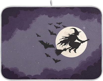 Halloween Flying Witch Drying Matt Absorbent Kitchen Mat Dishes Drying Mat Xl 18 x 24 Dish Drainer Mat for Kitchen Counter Dish Drying Matt