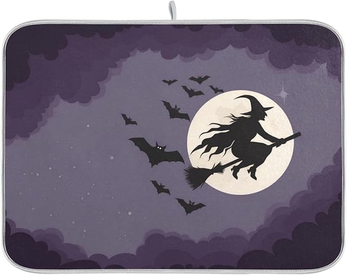 Halloween Flying Witch Oversized Dish Drying Mat Dish Drying Pad for Kitchen Counter Heat Resisant Mat 16 x 18 Drying Matt