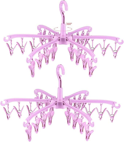 Foldable Drying Rack with 24 Clips for Drying Socks Lingerie Baby Clothes Drying Towels Rotatable Sock Drying Rack 2 PCS (Pink)