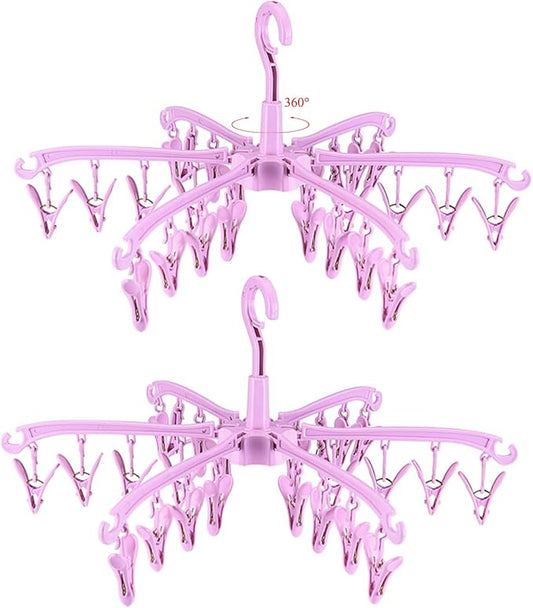 Foldable Drying Rack with 24 Clips for Drying Socks Lingerie Baby Clothes Drying Towels Rotatable Sock Drying Rack 2 PCS (Pink)