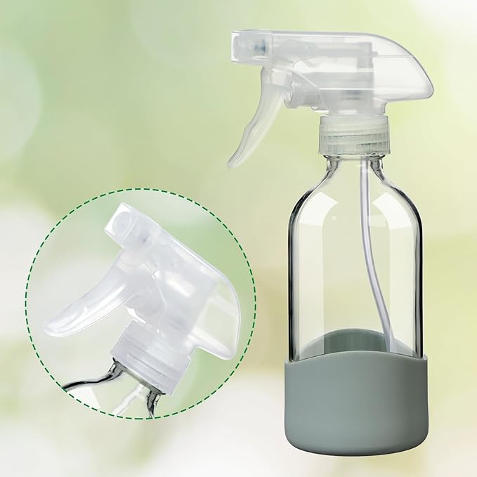 8oz Clear Glass Spray Bottles with Silicone Sleeve–Refillable Spray Bottles for Cleaning Solutions,Hair,Plants&Essential Oils–Leakproof,Adjustable Nozzle,Reusable,Eco-Friendly (1 Pack)