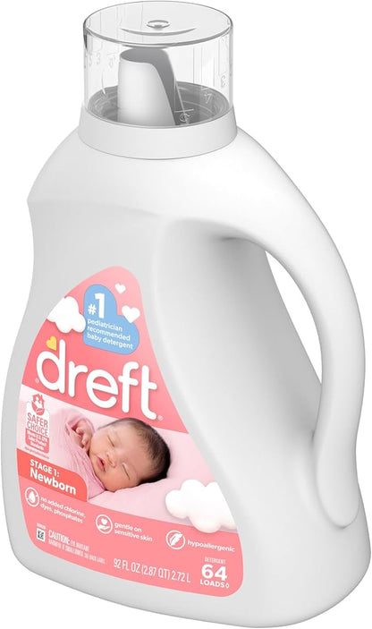Dreft Stage 1 Newborn Baby Liquid Laundry Detergent, Gentle on Sensitive Skin, HE Compatible, 64 loads
