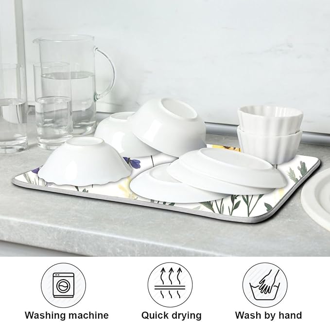 Watercolor Flowers Microfiber Dish Drying Mat Absorbent Dish Draining Mat Large Size 18 x 24 Dishes Drainer Mat for Countertop Dish Drying Pads
