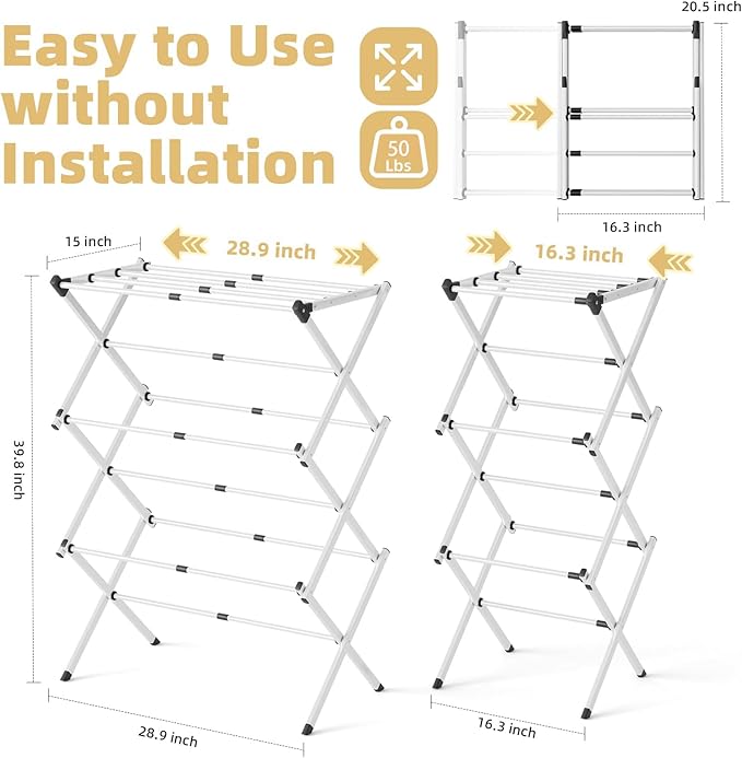 BAKON Clothes-Drying-Rack-Foldable for Small Space, Laundry-Drying Rack Collapsible for Hanging Clothes, Metal Clothing Dry Rack Suit for Indoor & Outdoor, Dorm Room, Apartments, RV, White