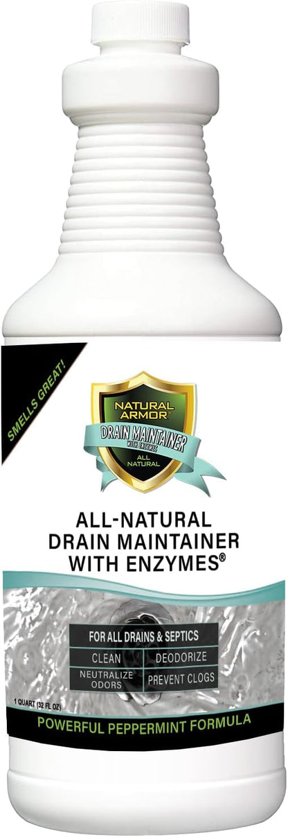 Natural Armor Enzyme Drain Maintainer - Quart Drain Cleaner with Natural Enzyme Power to Prevent Buildup & Odors - Safe for Sinks, Showers, Grease Traps & Septic - Non-Toxic Formula, 32 fl oz