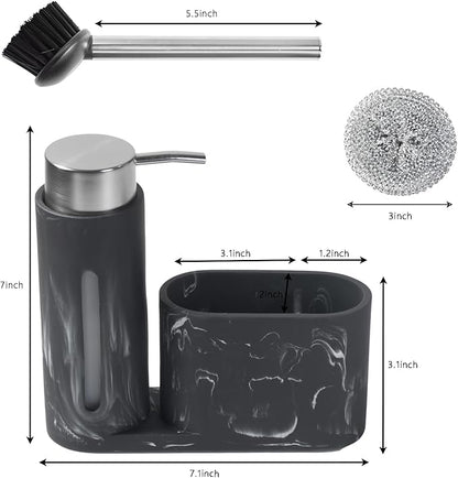 Kitchen Soap Dispenser Set 3 in 1, Dish Soap Dispenser with Sponge Holder, Dish Brush & Brush Holder, Kitchen Sink Caddy Organizer for Countertop, Rustproof（Black）