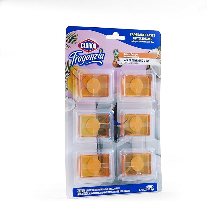 Clorox Fraganzia Stick-On Gel Fresheners, Island Escape Trash Can Deodorizer Up to 30 Days Scent, Odor Absorber for Kitchen, Bathroom, Closet, No Plug or Batteries, 0.12 Fl Oz, 6 Count - 12 Pack