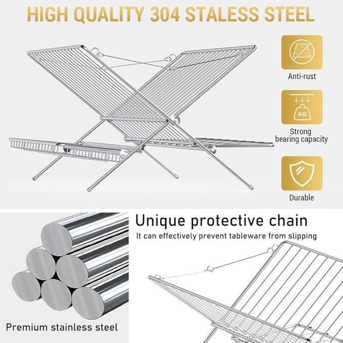 Over The Sink Dish Drying Rack, Collapsible 3 Tier Dish Racks for Kitchen Counter, Large Capacity Stainless Steel Dish Drainer with Utensil Holder and Drainboard (Upgraded)