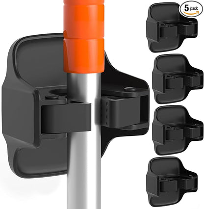 reliahom 5 Pack Broom Holder Wall Mount Mop Grippers No Drilling Self Adhesive Anti-Slip Mop Handle Hanger Dustpan and Broom Organizer Garage Storage Racks-Black
